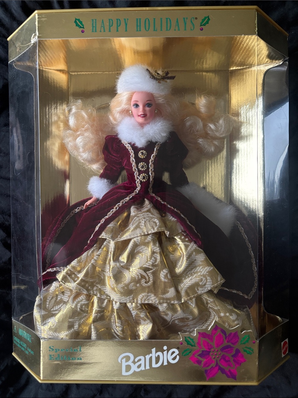 Barbie Holiday Velvet and Gold Festive Gown - Burgundy, Gold, White
